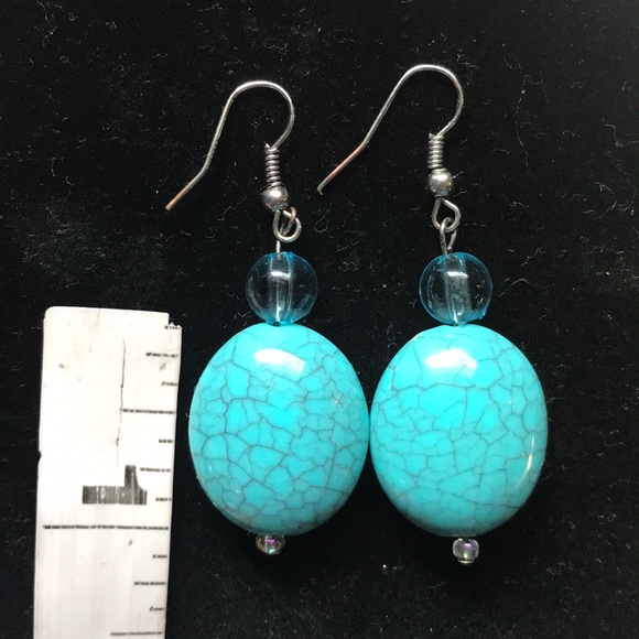 Turquoise Magnesite Stone Blue wiring dangle earring oval 2” - Picture 6 of 9
